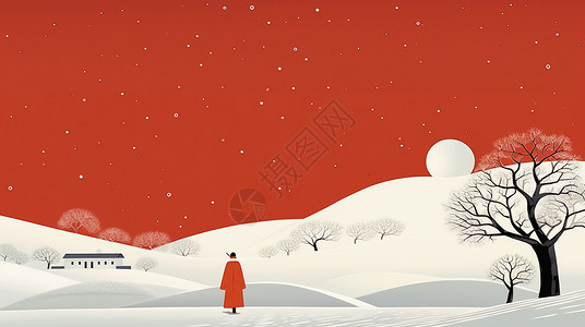 红色飘着雪的天空下一个小小的卡通人物剪影看向远方高清图片