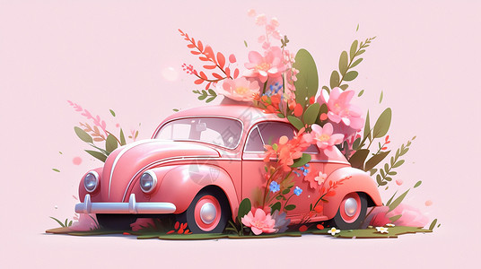 粉色花朵包围的立体可爱淡粉色卡通汽车背景图片