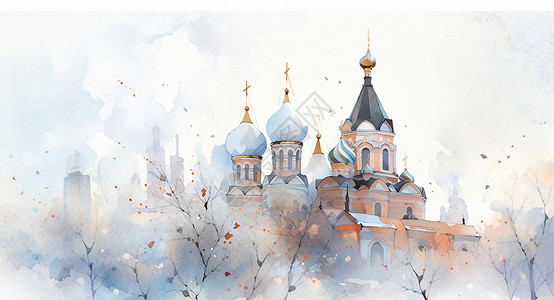 高高的复古卡通城堡水彩风插画背景图片