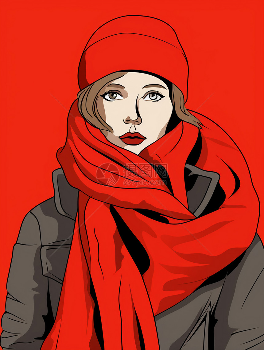 围着红色围巾戴着红帽子的卡通女人图片