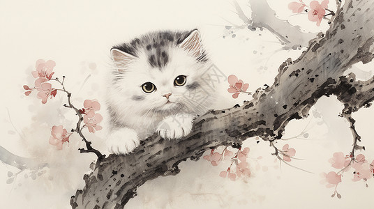 趴在开满花朵的树干上可爱的卡通小花猫背景图片