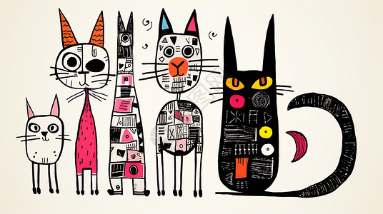 几只儿童涂鸦风可爱的卡通小猫形象高清图片