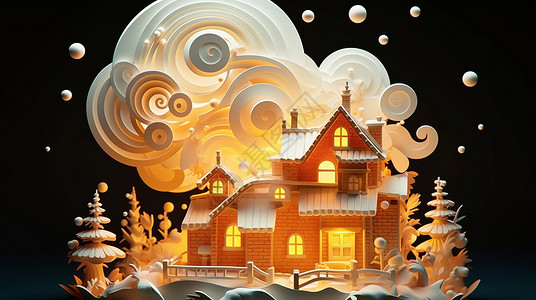 新年摆件云朵下一座立体温馨的可爱卡通圣诞屋插画