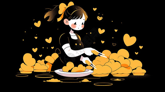 戴着黄色蝴蝶结的小清新卡通女孩在做饭背景图片
