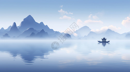 云雾缭绕的湖面上一座古风亭子背景图片