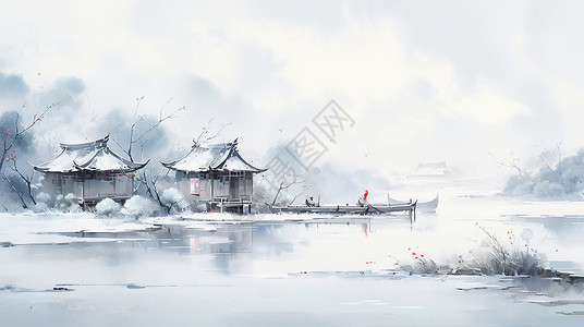 雪花卡通冬天雪中湖边几座卡通小房子唯美水墨卡通风景插画