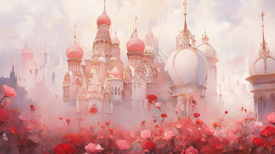 浪漫水彩风情花朵船锚花丛中一座复古的欧式卡通城堡插画