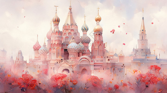 浪漫水彩风情花朵船锚尖尖的卡通梦幻城堡插画
