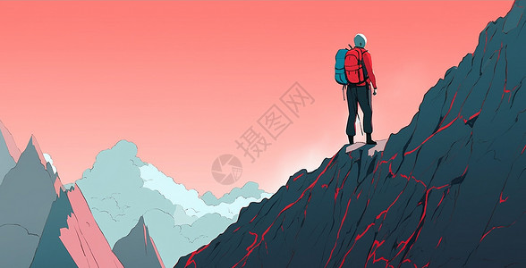 背着登山包爬山到半山腰的卡通人物背影插画