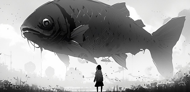 梦幻抽象的卡通人物背影看着遨游的大鱼背景图片