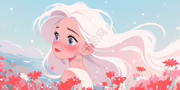 白色长发漂亮的卡通小公主站在花丛中高清图片