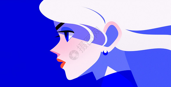 深蓝色时尚的红唇卡通女孩扁平风插画背景图片