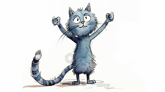 双手趴着的猫双手举起毛茸茸的卡通猫手绘风插画