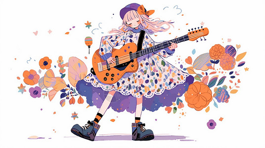 吉他演出穿着花裙子开心演出的小清新卡通小女孩插画