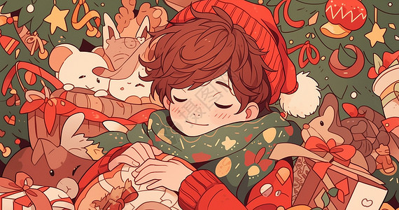 围着绿色围巾在圣诞树旁可爱的卡通小男孩背景图片