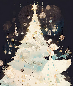 夜晚站在圣诞树旁小清新可爱的卡通小女孩背景图片