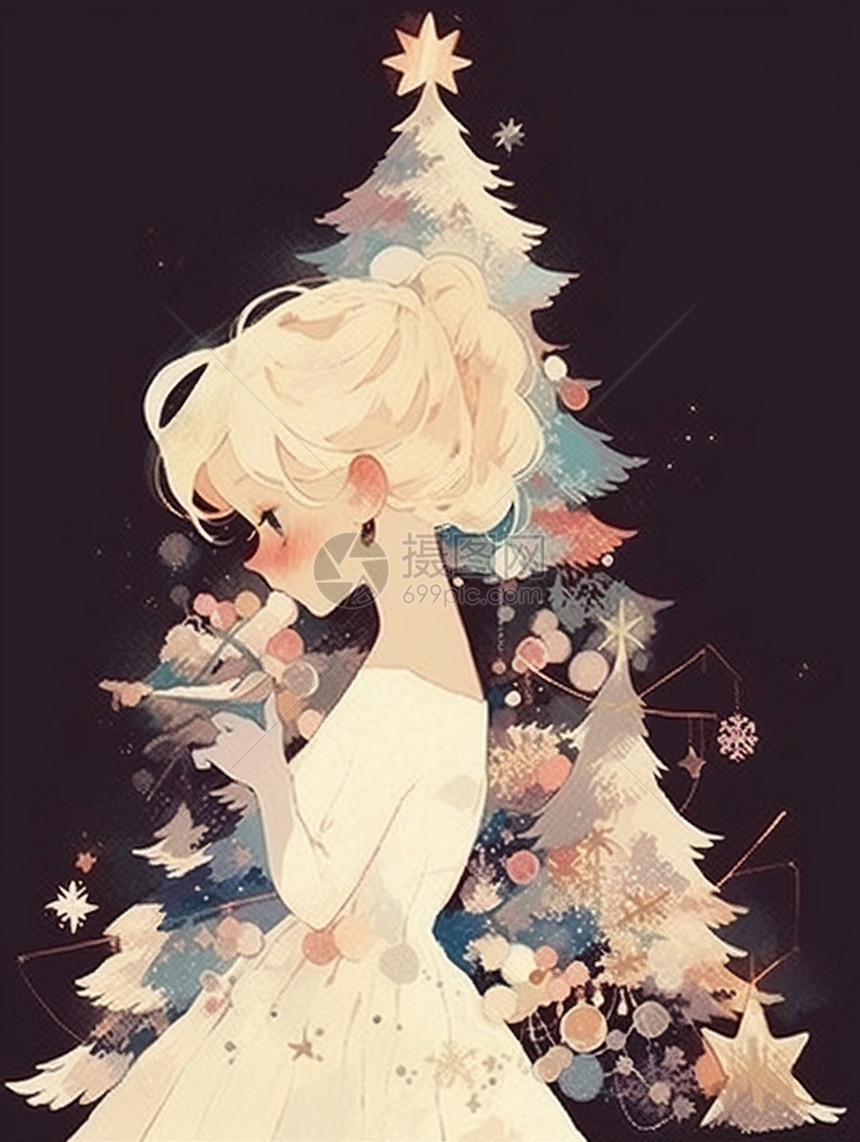 优雅的金发卡通女孩穿着公主裙站在圣诞树旁图片