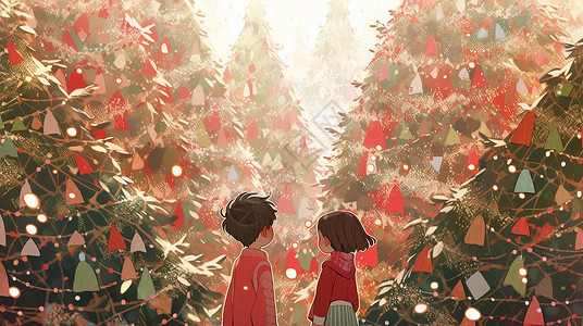 可爱的卡通小男孩小女孩在欣赏圣诞树背景图片
