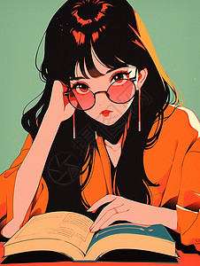 黑色墨镜戴着橙色墨镜看书的黑色长发卡通女孩插画