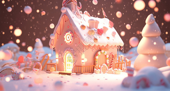 大雪中温馨可爱的卡通圣诞屋背景图片