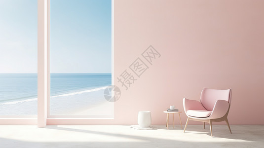 海边室内浅粉色室内家居电商背景插画