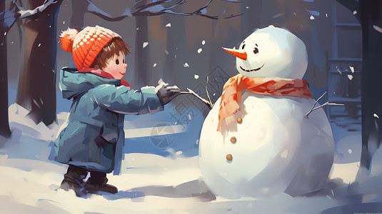 可爱的孩子下雪堆雪人背景图片