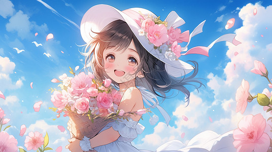 戴着帽子蓝天白云下抱着花束的可爱卡通小女孩背景图片