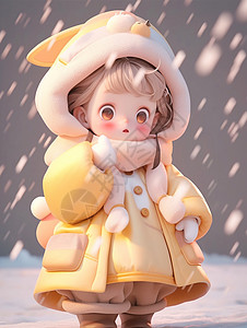 厚厚的雪萌萌可爱的卡通小女孩穿着厚厚的黄色大衣插画