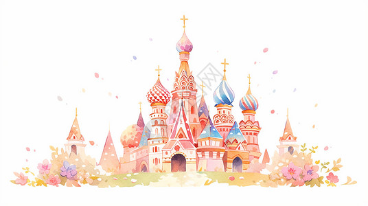 浪漫水彩风情花朵船锚水彩风俄罗斯风情卡通城堡插画