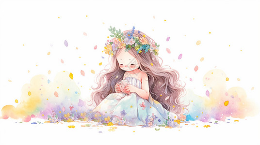 头戴花环穿着公主裙坐在花丛中的卡通公主背景图片
