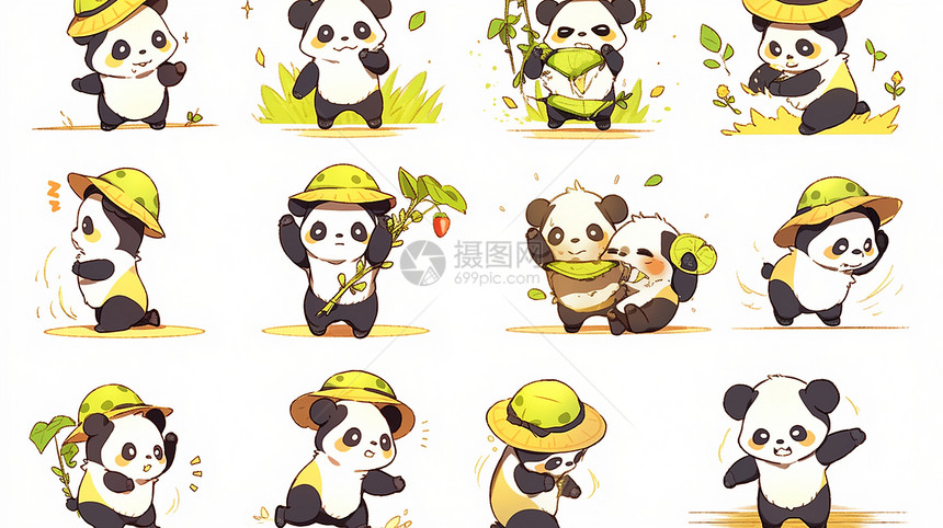 戴着帽子可爱的卡通熊猫形象多个动作图片
