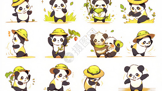 戴着帽子可爱的卡通熊猫形象多个动作背景图片