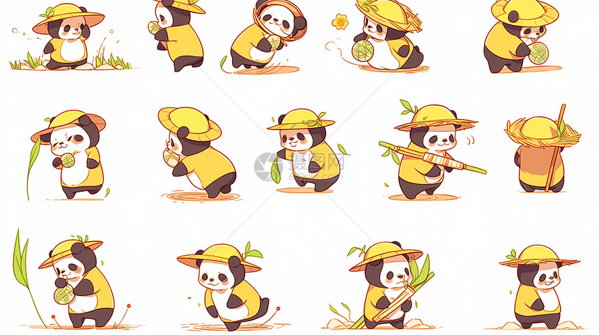 穿黄色外套可爱的卡通大熊猫多个动作图片