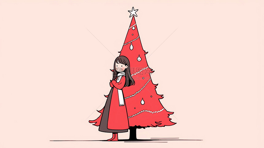 站在红色圣诞树旁穿红色喜庆衣服的卡通小女孩图片