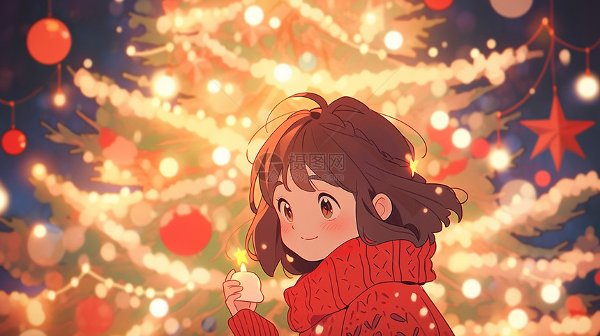 圣诞节手拿蜡烛穿红色毛衣站在圣诞树前可爱的卡通小女孩图片