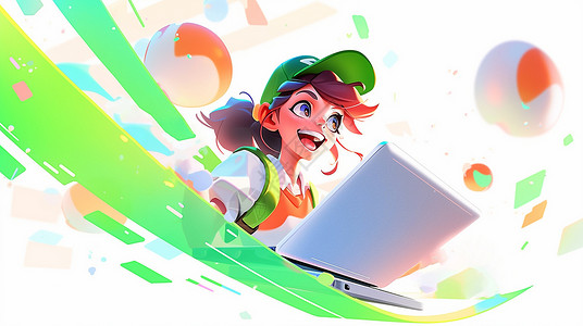 戴着绿色棒球帽看着电脑开心笑的可爱卡通小女孩背景图片