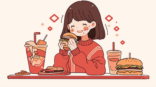 穿着红色毛衣吃汉堡的可爱卡通小女孩背景图片