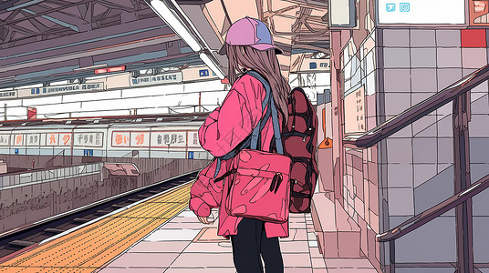 在地铁站等车的卡通女孩侧面背景图片