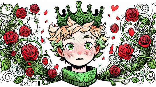 戴着绿色皇冠的可爱卡通小男孩背景图片