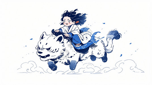 飞奔的女孩骑着大老虎飞奔在祥云间的卡通女孩插画