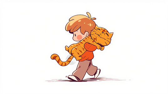 扛着宠物橘猫走路的卡通小男孩高清图片