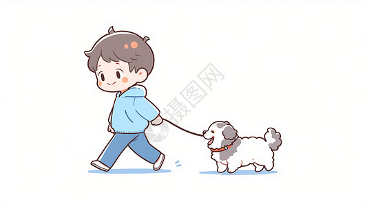 走路吃瓜的男孩在遛狗走路的卡通小男孩插画