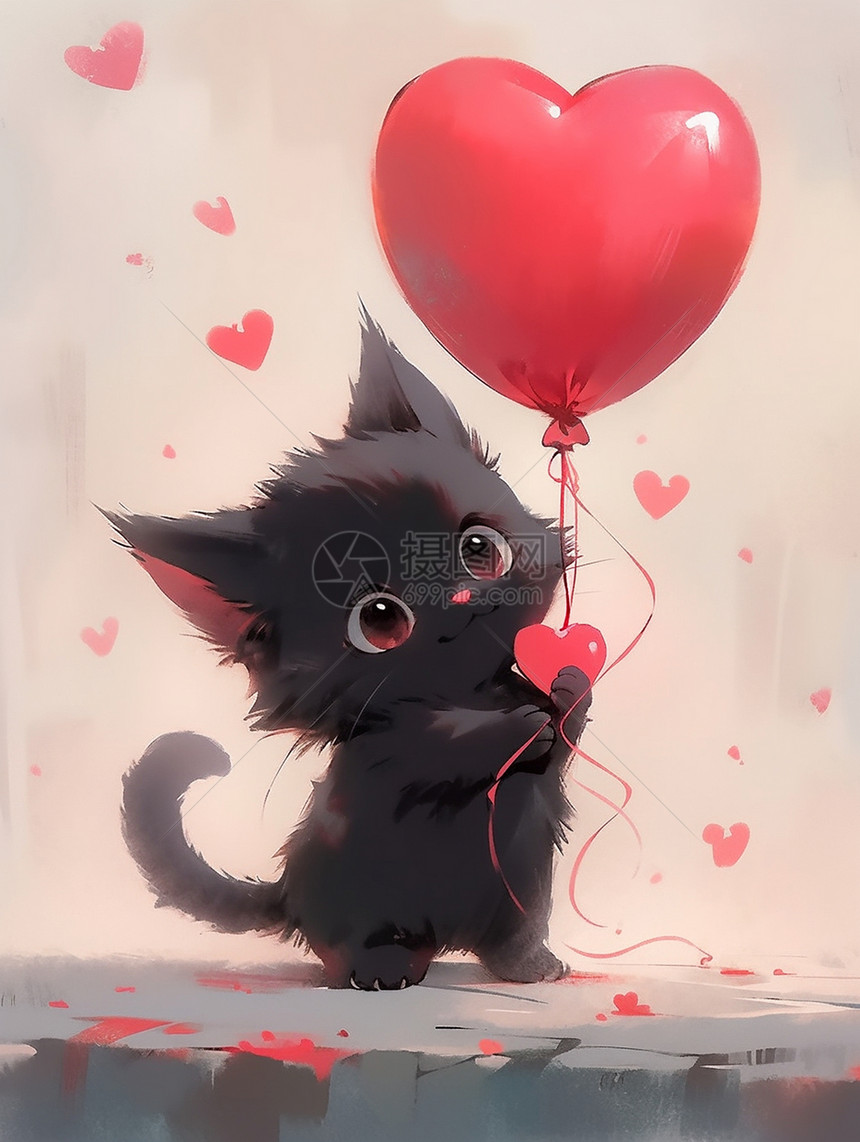 拉着红色爱心气球的可爱卡通小黑猫图片