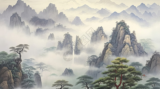 墨绿的卡通古松树与高高的山峰背景图片