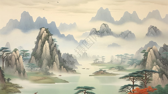 云雾缭绕梦幻的卡通古风山峰与松树背景图片