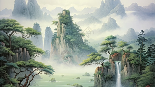 云雾缭绕的山川与古松唯美山水画背景图片