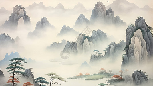 雾中唯美梦幻的卡通山川古风山水画背景图片