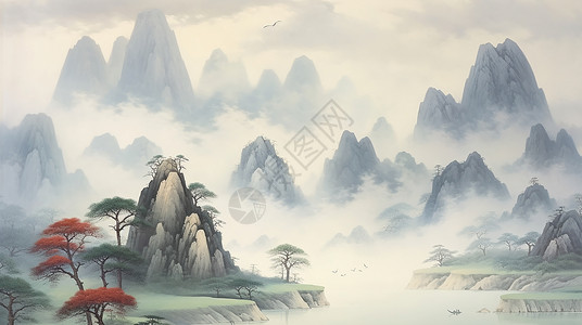 古松与唯美梦幻的卡通山川中国画背景图片