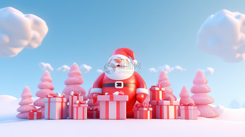 3D圣诞老人与礼物堆头图片