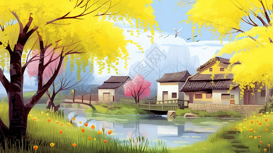 春天乡村的柳树美丽景色背景图片